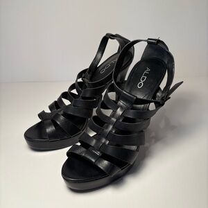 Aldo strappy preppy black stiletto leather heels sz 8